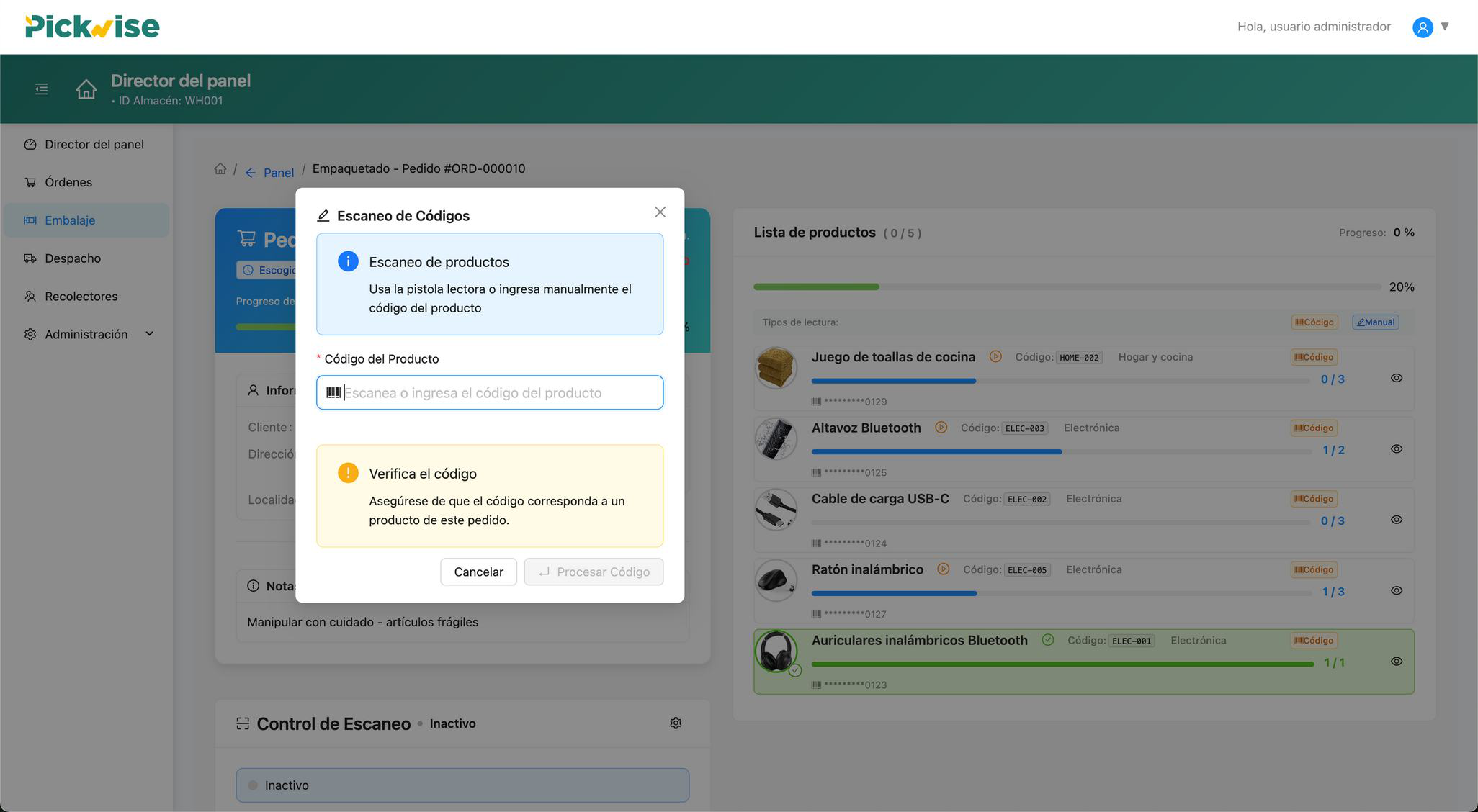 Sistema de Packing - Interfaz de escaneo